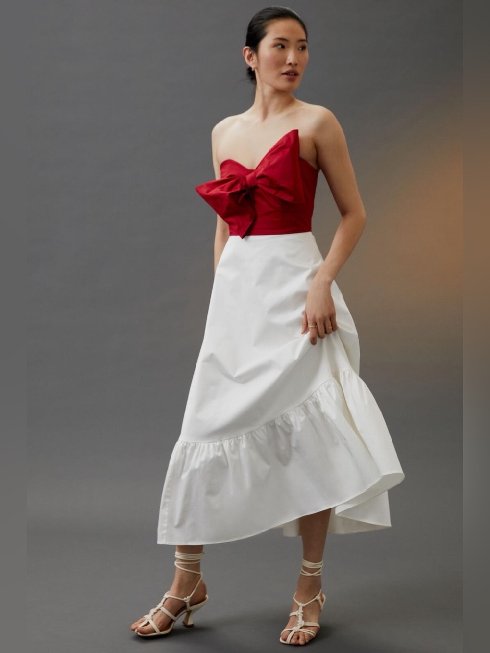 Hutch Red and White Bow Tie Strapless Maxi Dress, Sz 8